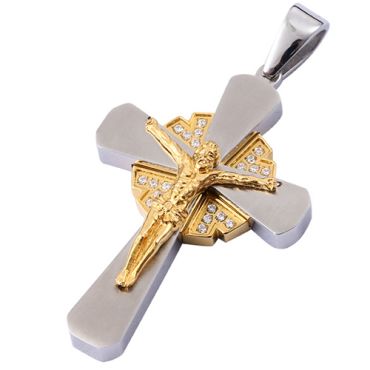 **COI Titanium Gold Tone Silver Jesus Cross Pendant With Cubic Zirconia-9752