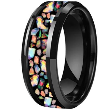 **COI Tungsten Carbide Black/Gold Tone/Silver/Rose Fire Opal Beveled Edges Ring-9832