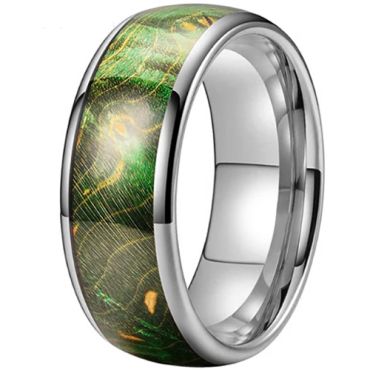 **COI Tungsten Carbide Rose/Gold Tone/Silver Green Wood Dome Court Ring-9835