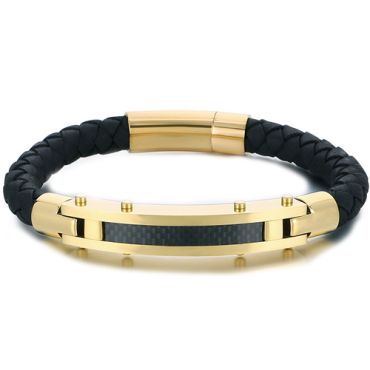 **COI Titanium Black/Gold Tone/Silver Carbon Fiber Genuine Leather Bracelet With Steel Clasp(Length: 8.27 inches)-9873