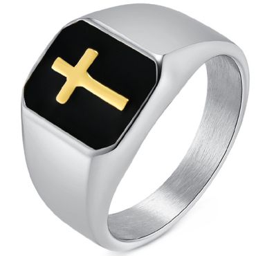 **COI Titanium Black Gold Tone Silver/Black Gold Tone Cross Ring-9899