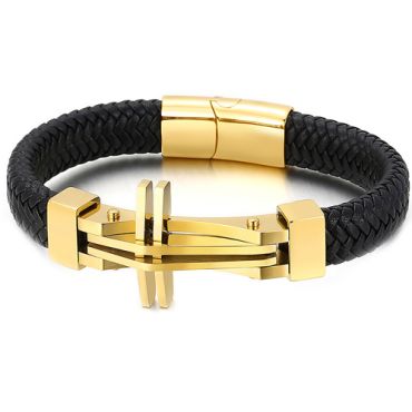 **COI Titanium Black/Gold Tone/Silver Cross Black Genuine Leather Bracelet With Steel Clasp(Length: 8.46 inches)-9915