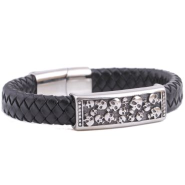 **COI Titanium Skull Black Genuine Leather Bracelet With Steel Clasp(Length: 8.27 inches)-9924