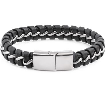 **COI Titanium Black Genuine Leather Bracelet With Steel Clasp(Length: 9.06 inches)-9925