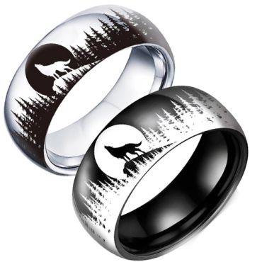 **COI Titanium Black/Silver Wolf Forest Tree Moon Dome Court Ring-9945