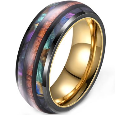 **COI Titanium Black Gold Tone Dome Court Ring With Abalone Shell & Wood-9946
