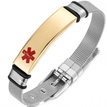 **COI Titanium Gold Tone Silver/Silver/Black Medical Alert Bracelet With Steel Clasp(Length: 9.06 inches)-9962