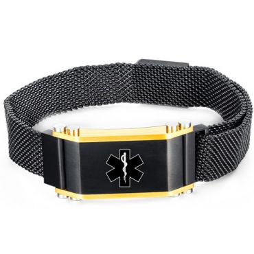 **COI Titanium Black Gold Tone Medical Alert Bracelet With Steel Clasp(Length: 8.27 inches)-9976