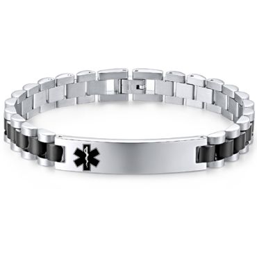 **COI Titanium Black Silver Medical Alert Bracelet With Steel Clasp(Length: 8.27 inches)-9990