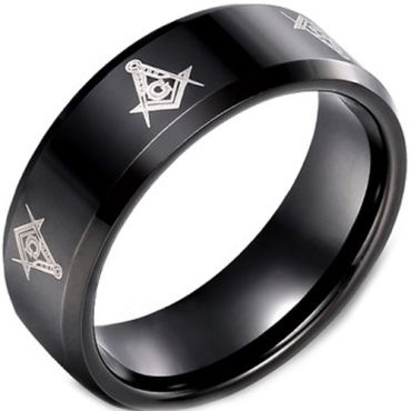 *COI Black Titanium Masonic Beveled Edges Ring - JT984A