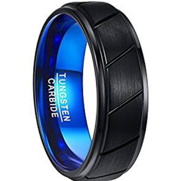 COI Tungsten Carbide Black Blue Diagonal Grooves Ring - TG3246AA