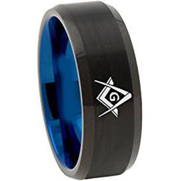 **COI Titanium Black Blue Masonic Beveled Edges Ring - 3618
