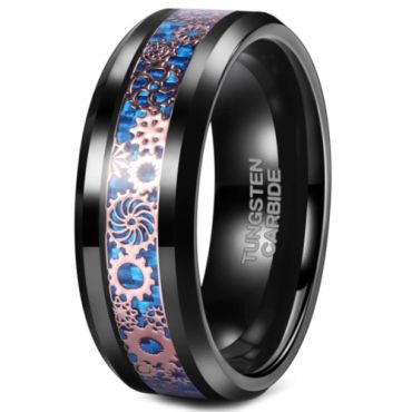 *COI Black Tungsten Carbide Gears Beveled Edges Ring With Blue Carbon Fiber-5500