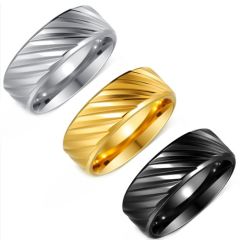 ***COI Titanium Black/Gold Tone/Silver Diagonal Grooves Beveled Edges Ring-00447A