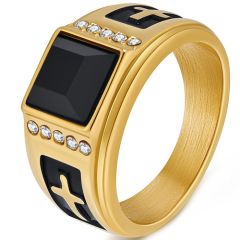 ***COI Titanium Black Gold Tone/Silver/Black Cross Ring With Black Onyx and Cubic Zirconia-00596A