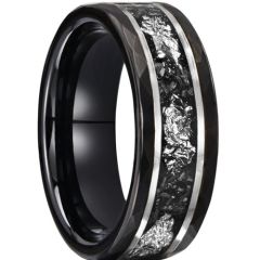 ***COI Tungsten Carbide Black Silver Double Grooves Faceted Silver Foil Ring With Meteorite-00786A