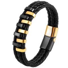 ***COI Titanium Black Gold Tone/Silver Genuine Leather Bracelet With Steel Clasp(Length: 8.27 inches)-00886A