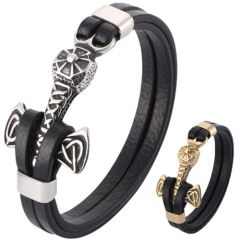 ***COI Titanium Black Gold Tone/Silver Anchor Genuine Leather Bracelet With Steel Clasp(Length: 8.27 inches)-00891A