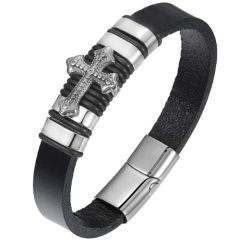 ***COI Titanium Silver/Gold Tone Cross Genuine Leather Bracelet With Steel Clasp(Length: 8.27 inches)-00915AA