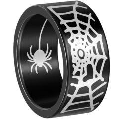 ***COI Titanium Black/Silver Spider & Web Pipe Cut Flat Ring-00967A
