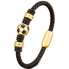 ***COI Titanium Black/Gold Tone/Silver Soccer Genuine Leather Bracelet With Steel Clasp(Length: 8.27 inches)-00973A