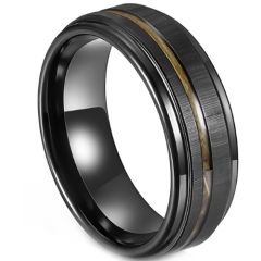 ***COI Black Tungsten Carbide Offset Grooves Step Edges Ring With Wood-00977A