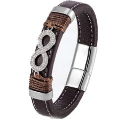***COI Titanium Infinity Cubic Zirconia Genuine Leather Bracelet With Steel Clasp(Length: 9.05 inches)-01025A