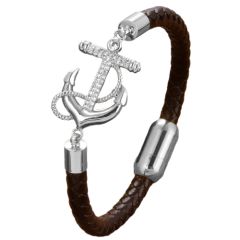 ***COI Titanium Black/Gold Tone/Silver Anchor Cubic Zirconia Genuine Leather Bracelet With Steel Clasp(Length: 8.27 inches)-01027A