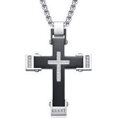 ***COI Titanium Black Silver Cross Pendant With Cubic Zirconia-01056A