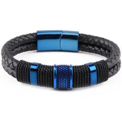 ***COI Titanium Black/Gold Tone/Blue Black Genuine Leather Bracelet With Steel Clasp(Length: 8.66 inches)-01060A