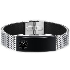 ***COI Titanium Black Silver Medical Alert Genuine Leather Bracelet With Steel Clasp(Length: 8.07 inches)-01096A
