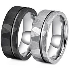***COI Titanium Black/Silver/Gold Tone Silver Offset Groove Faceted Ring-01152A