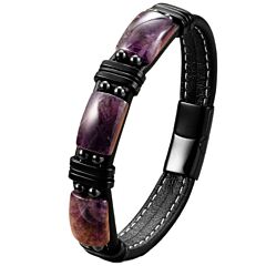 ***COI Black Titanium Amethyst Genuine Leather Bracelet With Steel Clasp(Length: 9.06 inches)-01161A