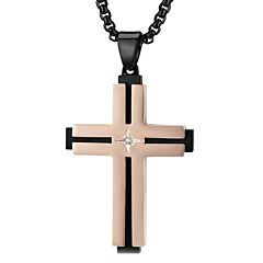 ***COI Titanium Black Rose/Silver Cross Pendant With Cubic Zirconia-01187A