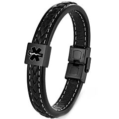 ***COI Black Titanium Medical Alert Genuine Leather Bracelet With Steel Clasp(Length: 9.06 inches)-01197A