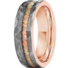 ***COI Tungsten Carbide Rose Silver Hammered Ring With Crushed Opal-01209A