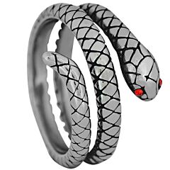 ***COI Titanium Black Silver Snake Ring With Created Red Ruby-01252A