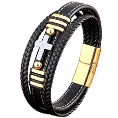 ***COI Titanium Black Gold Tone Silver Cross Genuine Leather Bracelet With Steel Clasp(Length: 8.27 inches)-01254A