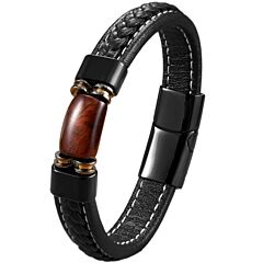 ***COI Titanium Black Gold Tone Tiger Eye Genuine Leather Bracelet With Steel Clasp(Length: 8.27 inches)-01255A