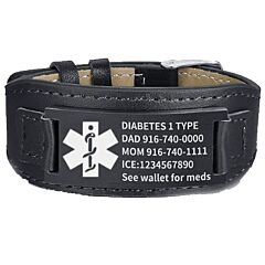 ***COI Titanium Black/Silver Medical Alert Genuine Leather Custom Engraving Bracelet With Steel Clasp(Length: 8.27 inches)-01265A