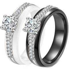 ***COI Titanium Black/White Ceramic Solitaire Ring With Cubic Zirconia-01273A