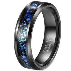 ***COI Black Tungsten Carbide Meteorite & Crushed Opal Beveled Edges Ring-01274A