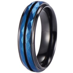 ***COI Tungsten Carbide Black Blue Center Groove Faceted Ring-01290A