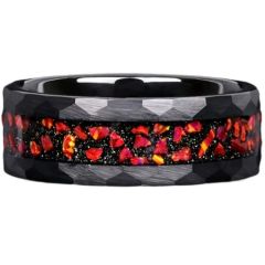 ***COI Black Titanium Faceted Ring With Meteorite & Crushed Opal-01298A