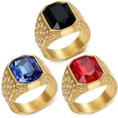 ***COI Gold Tone Titanium Hammered Ring With Created Blue Sapphire/Red Ruby/Black Onyx-01309A