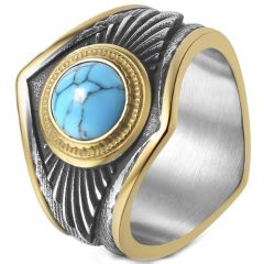 ***COI Titanium Black Gold Tone Silver Ring With Turquoise-01366A