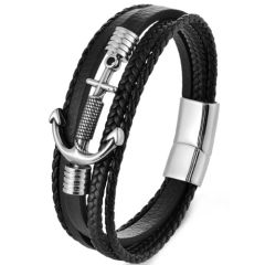 ***COI Titanium Black Silver Anchor Genuine Leather Bracelet With Steel Clasp(Length: 8.27 inches)-01373A
