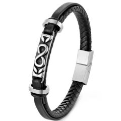 ***COI Titanium Black Silver Infinity Genuine Leather Bracelet With Steel Clasp(Length: 8.27 inches)-01375A