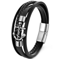 ***COI Titanium Black Silver Anchor Genuine Leather Bracelet With Steel Clasp(Length: 8.27 inches)-01377A