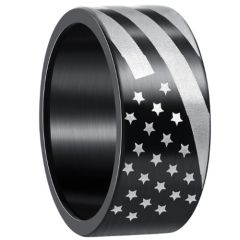 ***COI Titanium Black/Silver American Flag Pipe Cut Flat Ring-01380A
